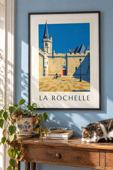 Poster van het gotische stadhuis van La Rochelle : ingelijst aan de muur
