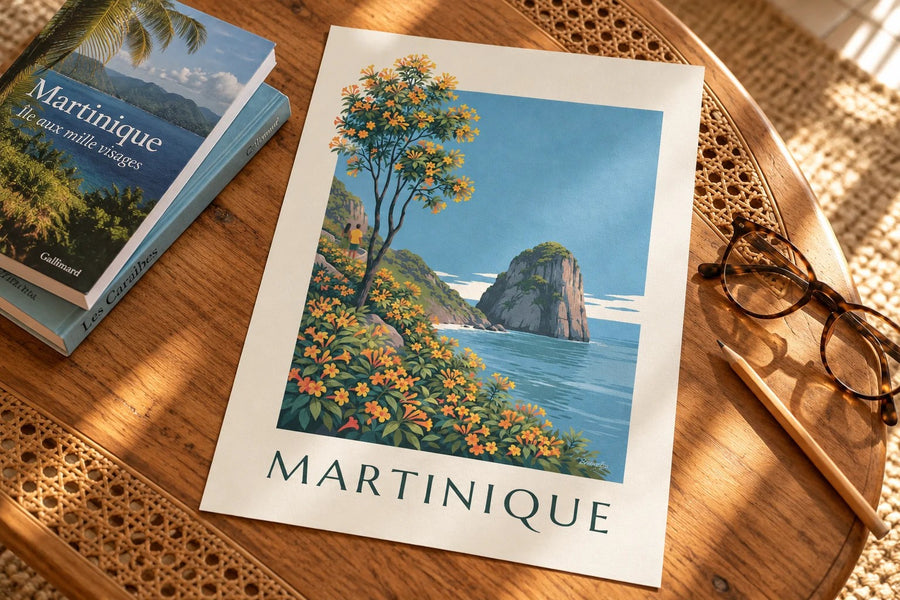 Affiche van Martinique, de rots Rocher du Diamant en de Caraïbische Zee : neergezet op een tafel