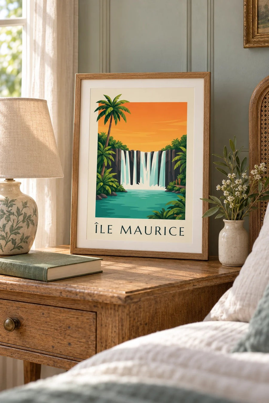 Affiche Île Maurice, cascade de Rochester (titre ÎLE MAURICE) : petit format A4 encadré