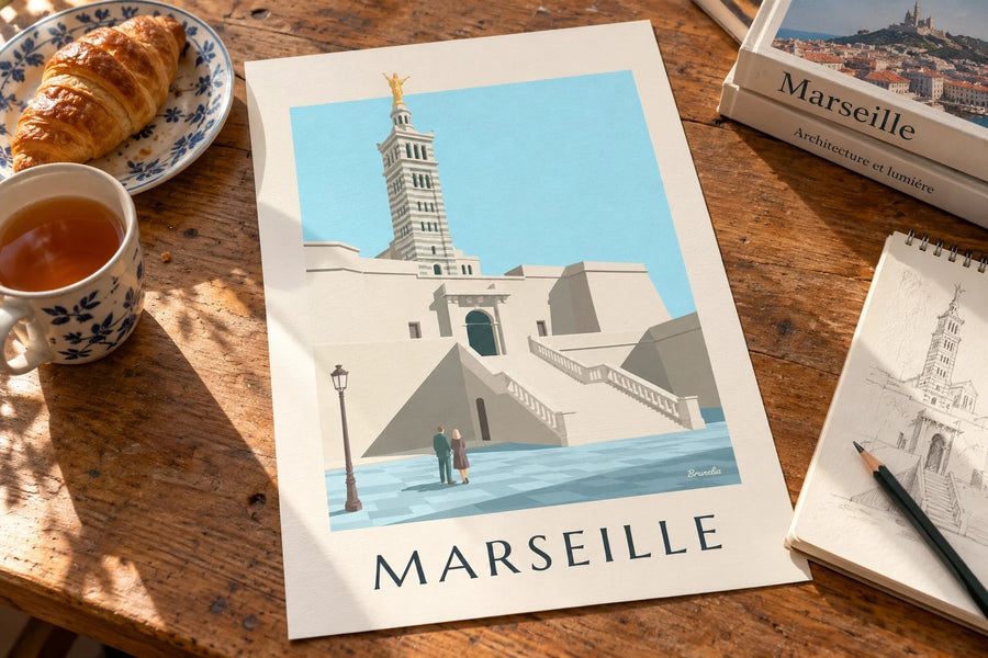 Poster van de grote trap van Notre-Dame-de-la-Garde : neergezet op een tafel
