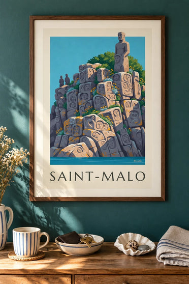 Poster van de beeldhouwwerken van Rothéneuf in Saint-Malo : ingelijst aan de muur