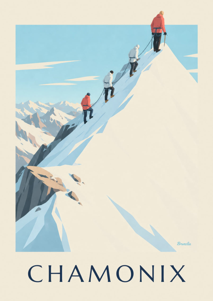 Poster bergbeklimmers op de graat van de Aiguille du Midi