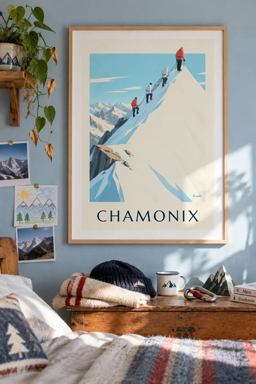 Poster bergbeklimmers op de graat van de Aiguille du Midi : ingelijst aan de muur