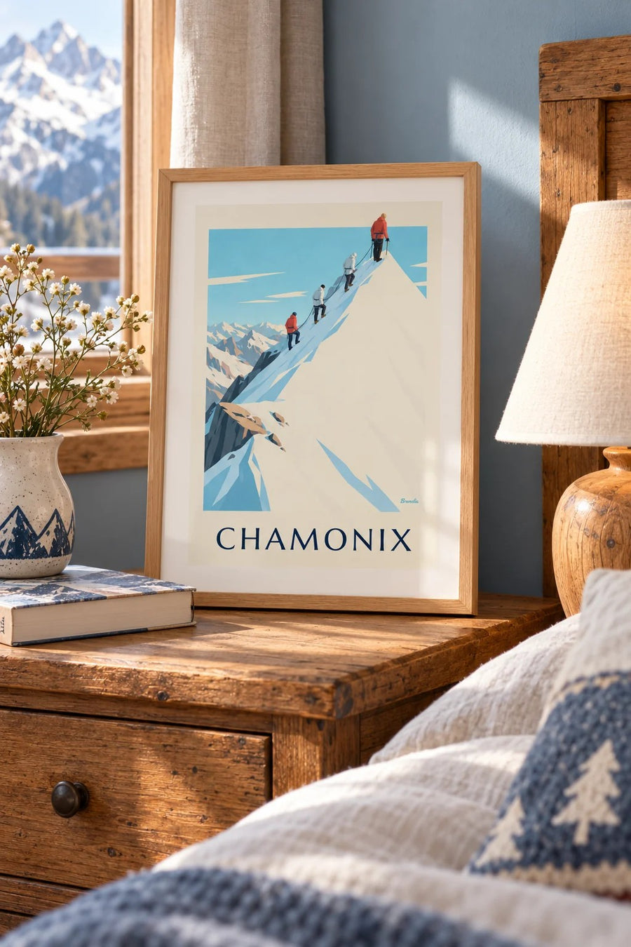 Poster bergbeklimmers op de graat van de Aiguille du Midi : klein A4-formaat, ingelijst