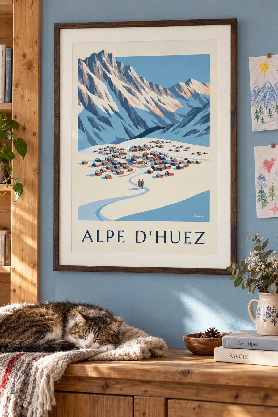 Poster Alpe d'Huez gezien vanaf de Pic Blanc in de winter : ingelijst aan de muur