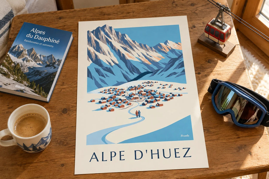 Poster Alpe d'Huez gezien vanaf de Pic Blanc in de winter : neergezet op een tafel