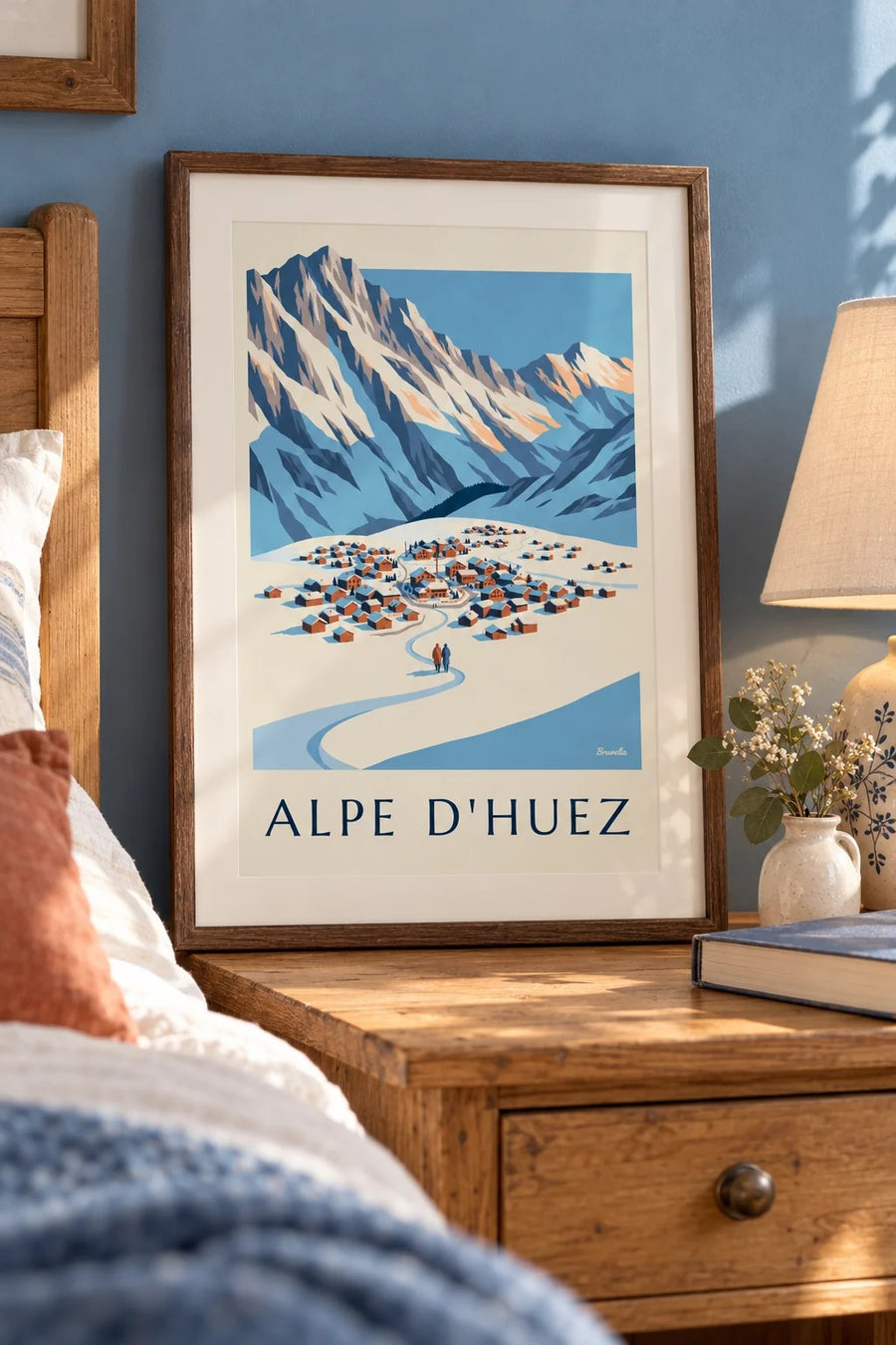 Poster Alpe d'Huez gezien vanaf de Pic Blanc in de winter : klein A4-formaat, ingelijst