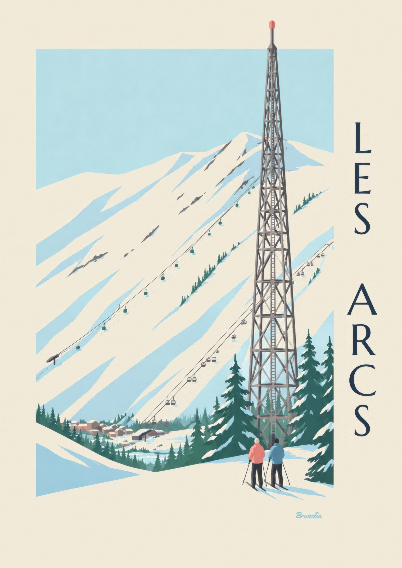 Affiche Les Arcs, Arc 1600 et ses pistes: detail in close-up