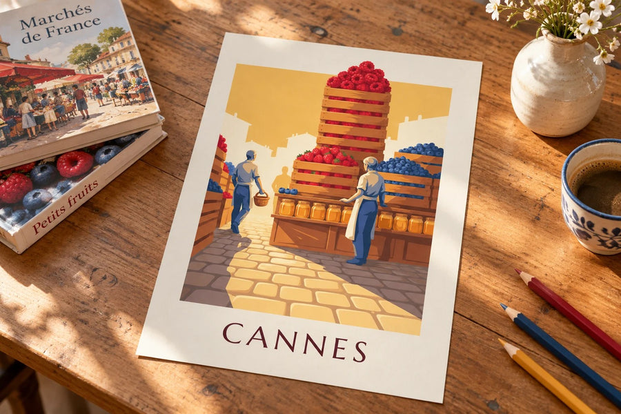 Affiche marché Forville à Cannes, fruits rouges : posée sur une table
