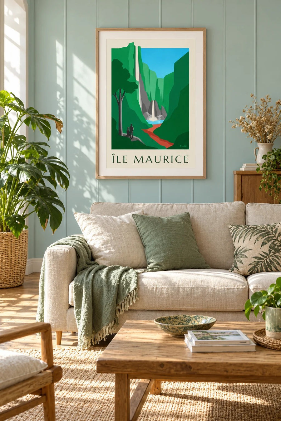 Poster van Mauritius, de waterval van Chamarel (titel MAURITIUS) : ingelijst aan de muur