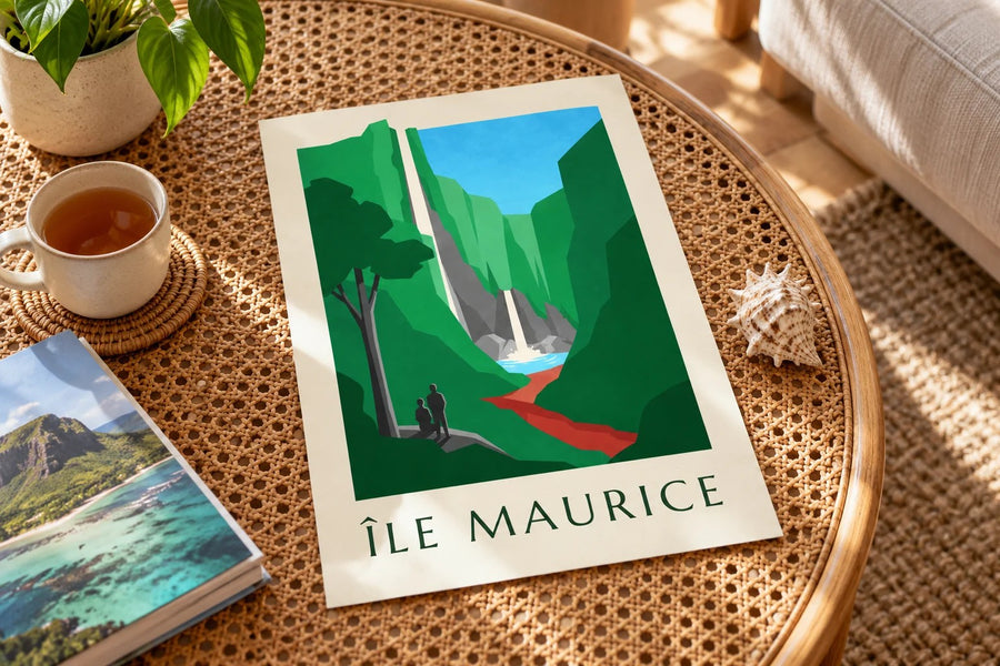 Poster van Mauritius, de waterval van Chamarel (titel MAURITIUS) : neergezet op een tafel
