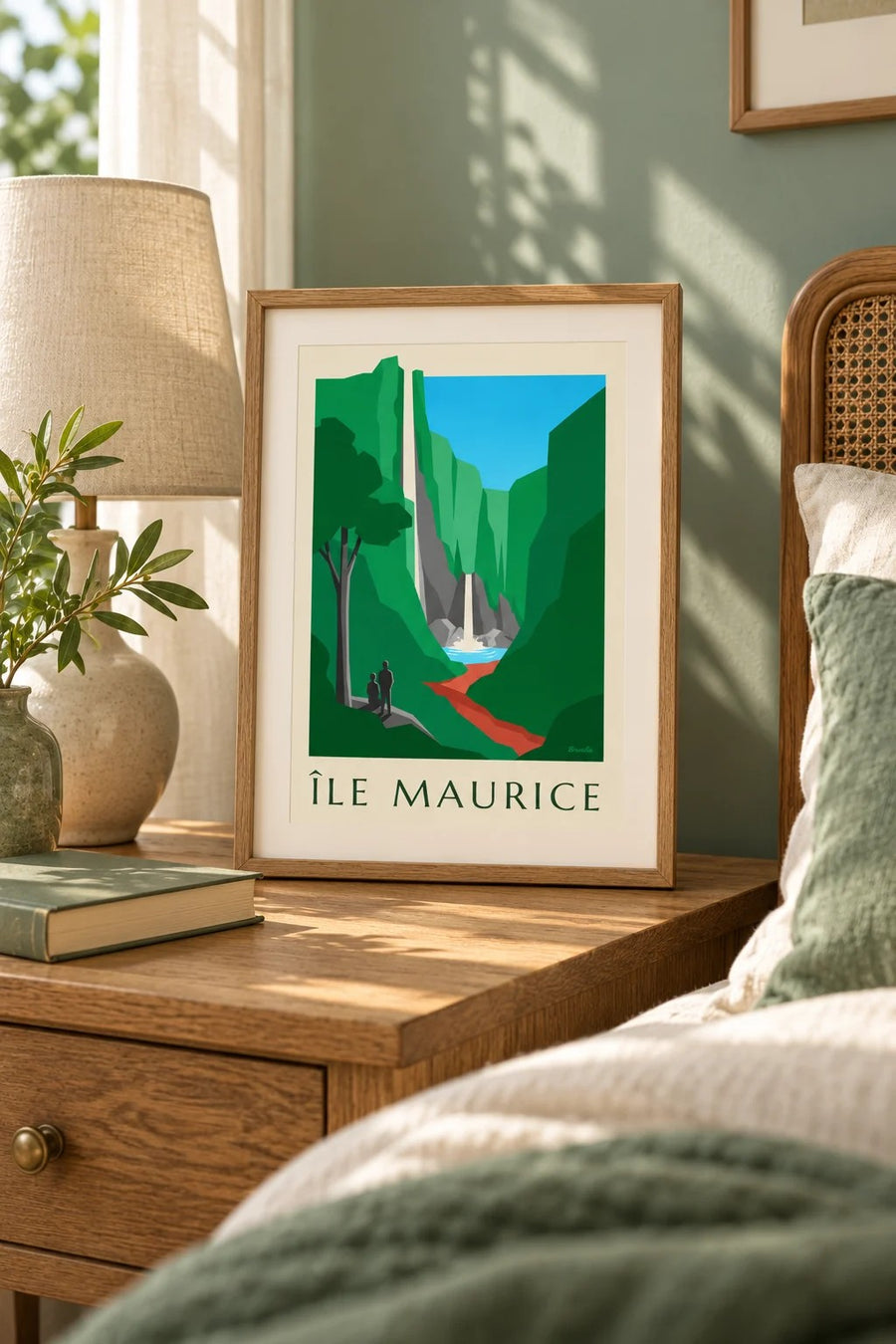 Poster van Mauritius, de waterval van Chamarel (titel MAURITIUS) : klein A4-formaat, ingelijst