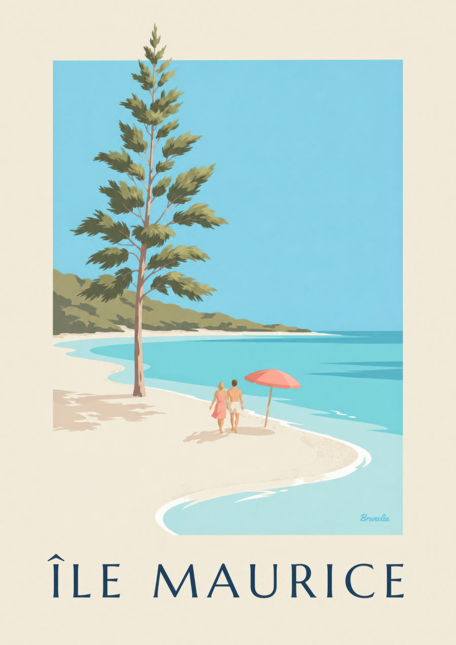 Poster van Mauritius, het strand van Blue Bay (titel ÎLE MAURICE)