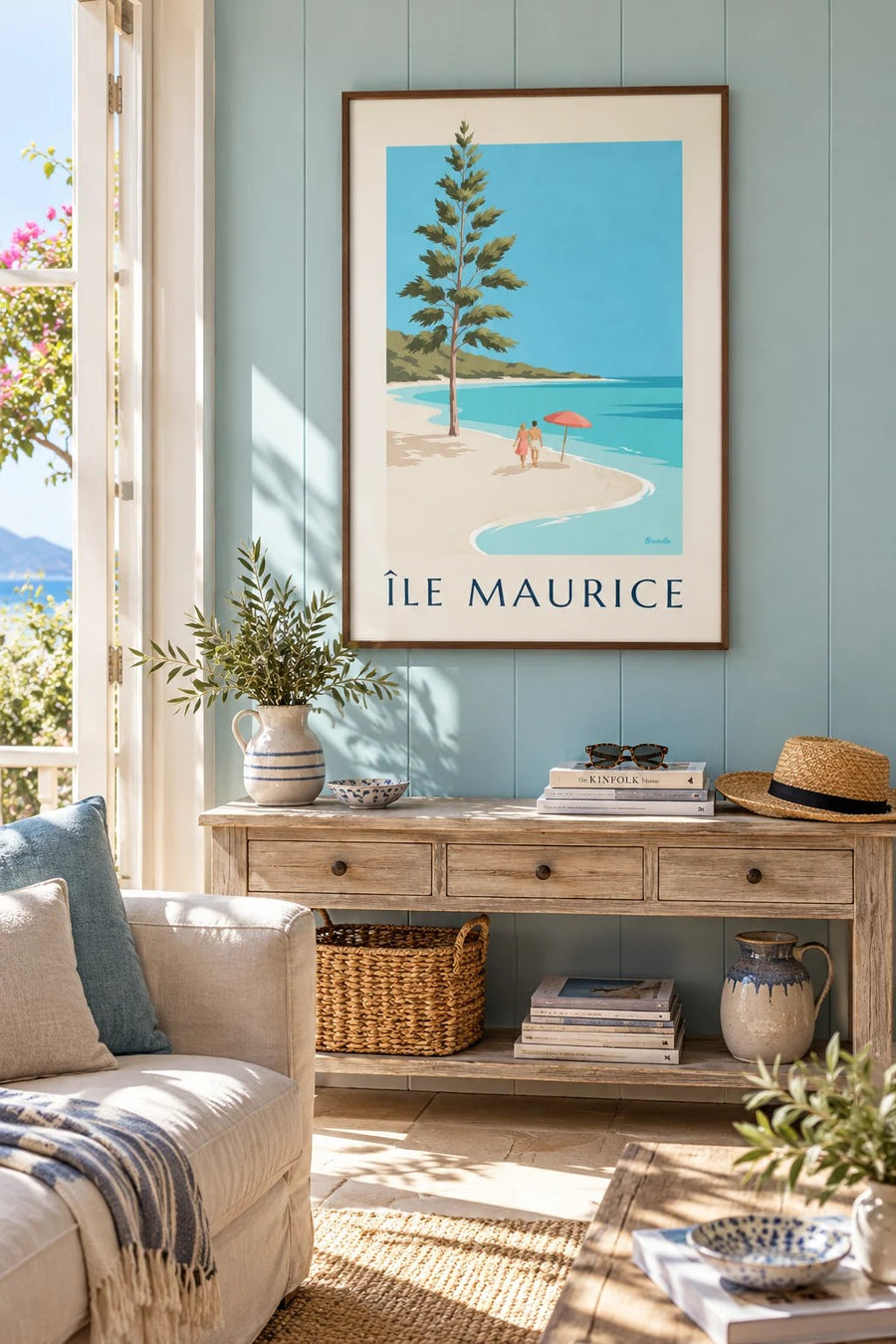 Poster van Mauritius, het strand van Blue Bay (titel ÎLE MAURICE) : ingelijst aan de muur