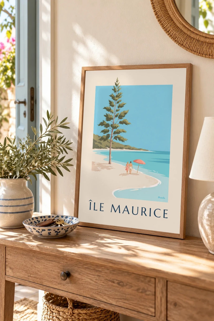 Poster van Mauritius, het strand van Blue Bay (titel ÎLE MAURICE) : klein A4-formaat, ingelijst