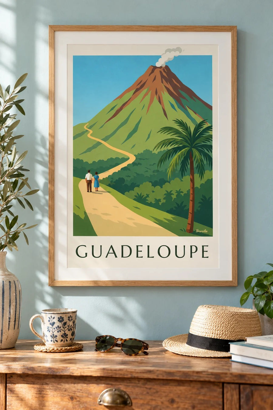Poster van Guadeloupe, de vulkaan La Soufrière : ingelijst aan de muur