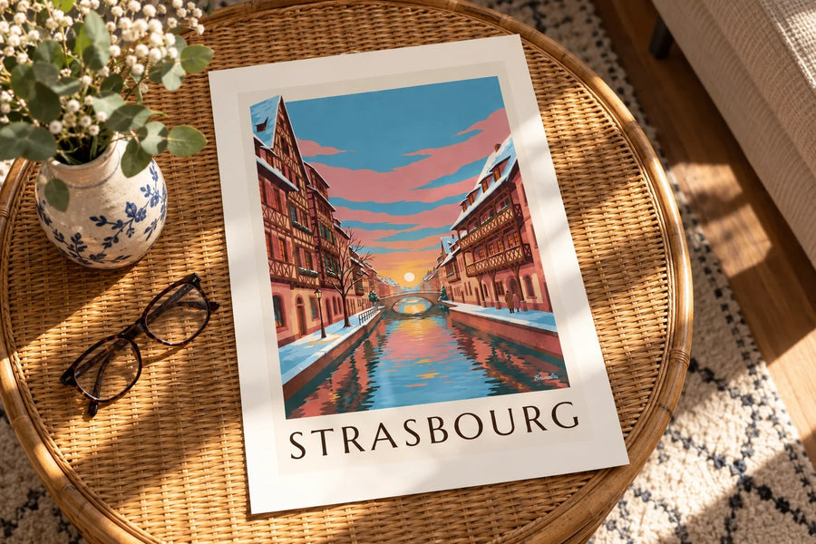 Poster Petite France in Straatsburg in de winter : neergezet op een tafel