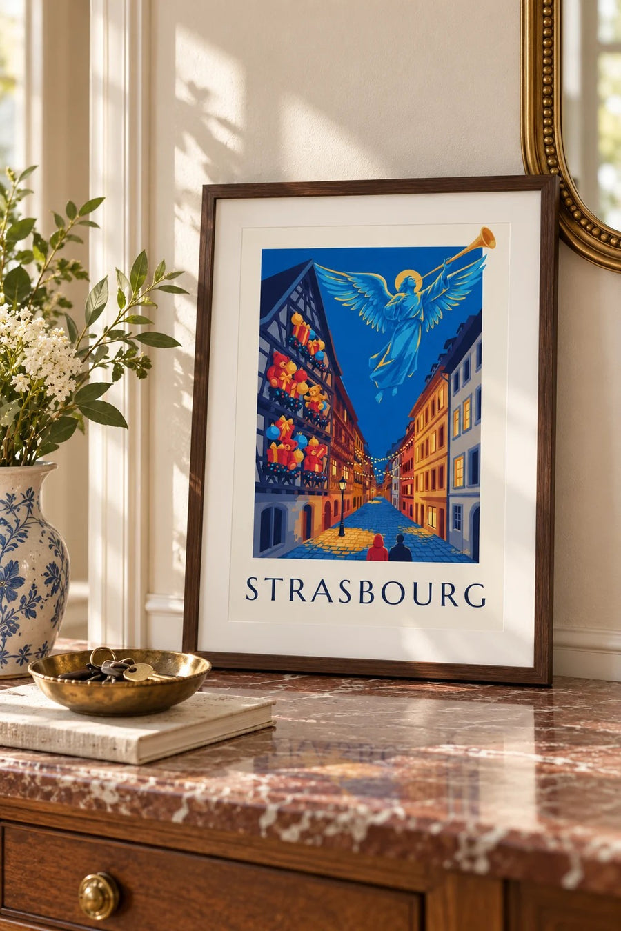Affiche Strasbourg à Noël, ange lumineux : petit format A4 encadré