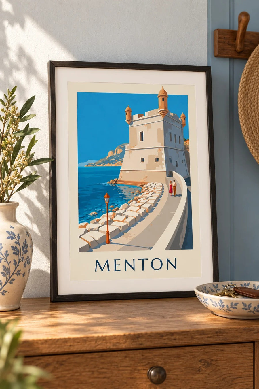Poster van het Bastion in de oude haven van Menton aan zee : klein A4-formaat, ingelijst