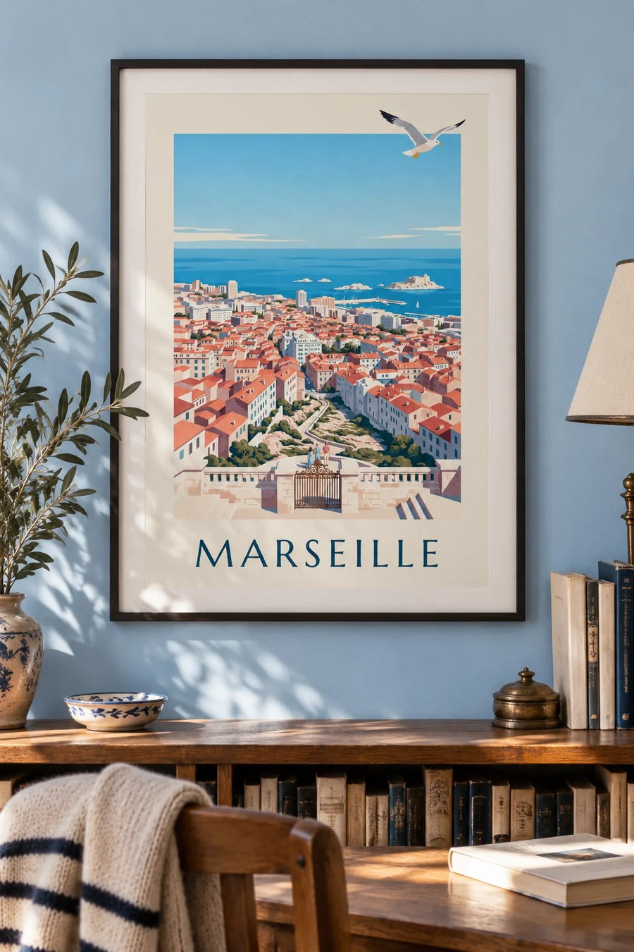 Poster met uitzicht op Marseille vanaf Notre-Dame-de-la-Garde : ingelijst aan de muur