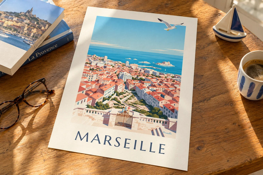 Poster met uitzicht op Marseille vanaf Notre-Dame-de-la-Garde : neergezet op een tafel