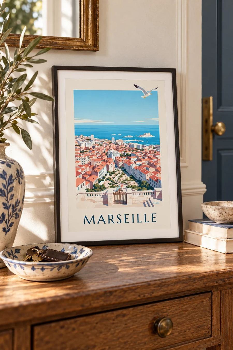 Poster met uitzicht op Marseille vanaf Notre-Dame-de-la-Garde : klein A4-formaat, ingelijst