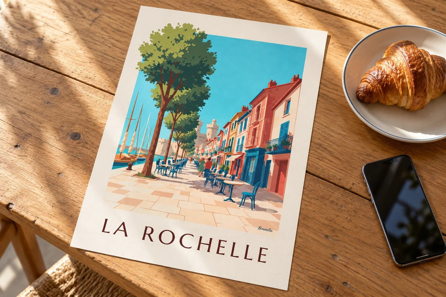 Poster van Le Gabut in La Rochelle, kleurrijke huizen : neergezet op een tafel
