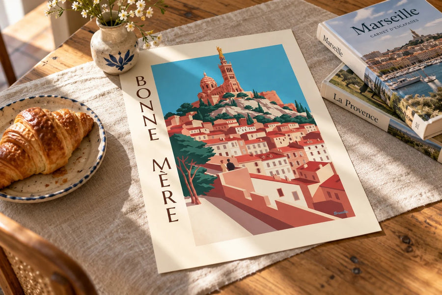 Poster Notre-Dame-de-la-Garde in Marseille : neergezet op een tafel