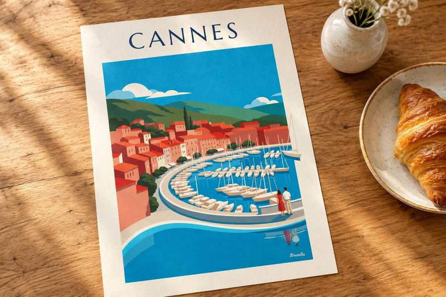 Poster van de baai van Cannes, gezien vanaf Le Suquet : neergezet op een tafel