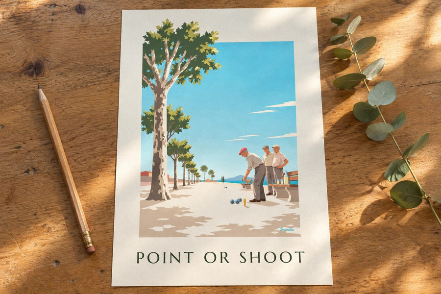 Affiche van een potje pétanque onder de platanen : neergezet op een tafel