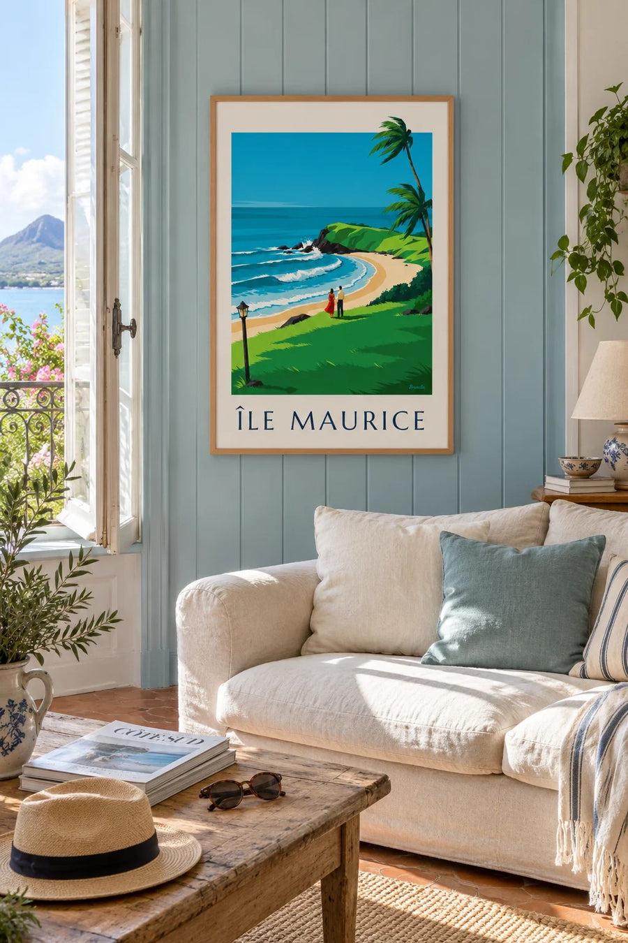 Poster Mauritius, de ruige kust van Gris-Gris (titel ÎLE MAURICE) : ingelijst aan de muur