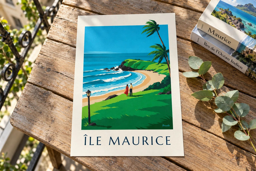 Poster Mauritius, de ruige kust van Gris-Gris (titel ÎLE MAURICE) : neergezet op een tafel