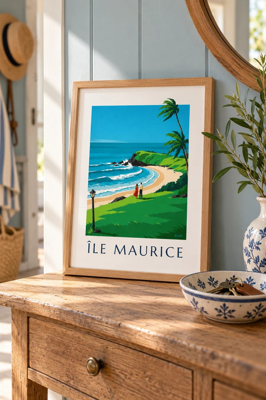 Poster Mauritius, de ruige kust van Gris-Gris (titel ÎLE MAURICE) : klein A4-formaat, ingelijst