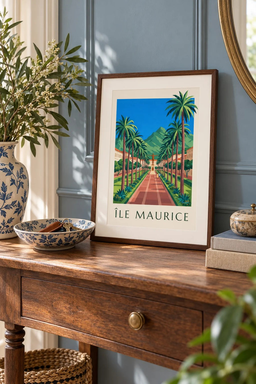 Affiche Port-Louis, place d'Armes et palmiers (titre ÎLE MAURICE) : petit format A4 encadré