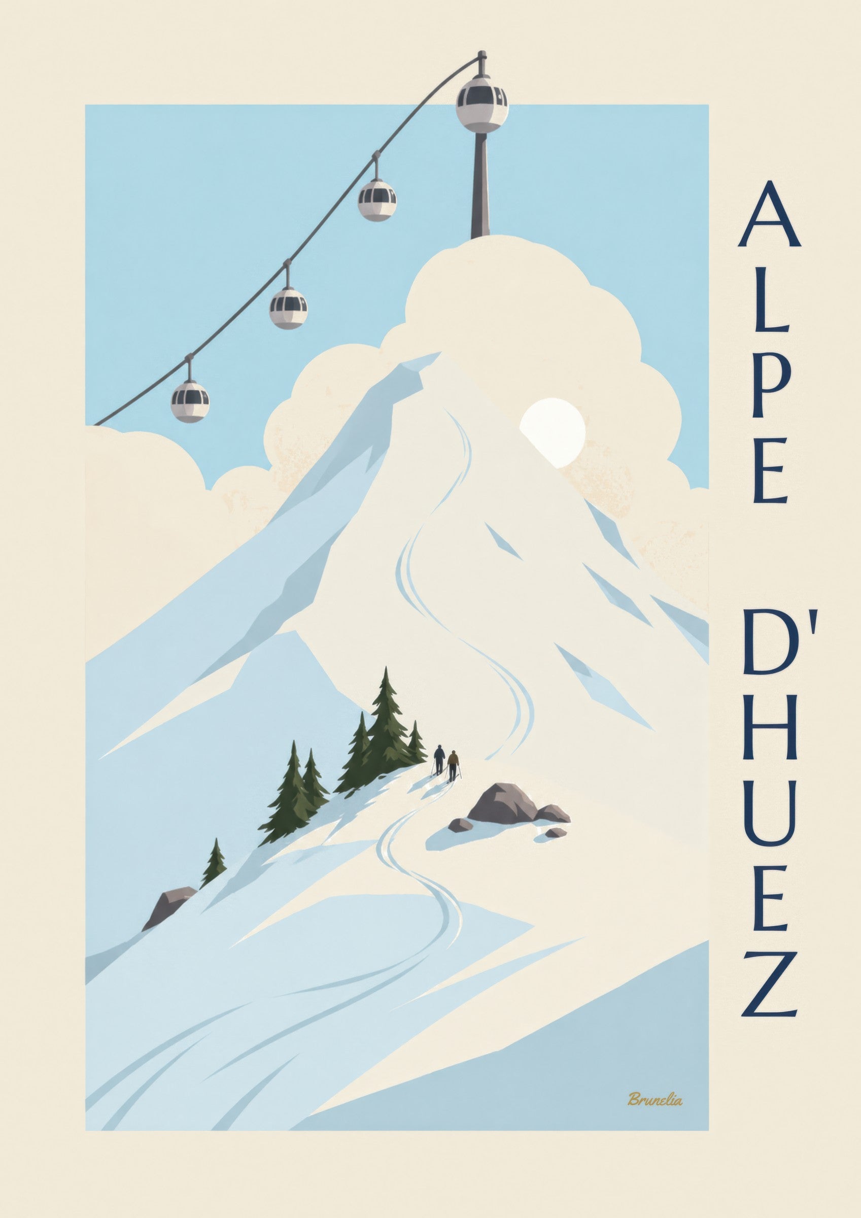 Affiche Alpe d'Huez, cabines œuf au-dessus des pistes: detail in close-up