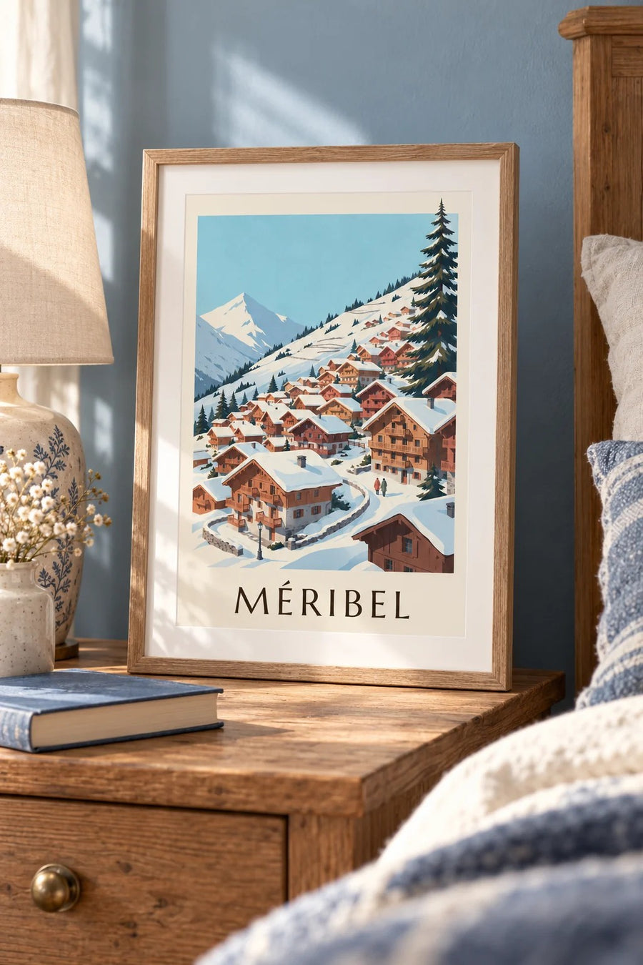 Affiche Méribel, chalets sous la neige : petit format A4 encadré