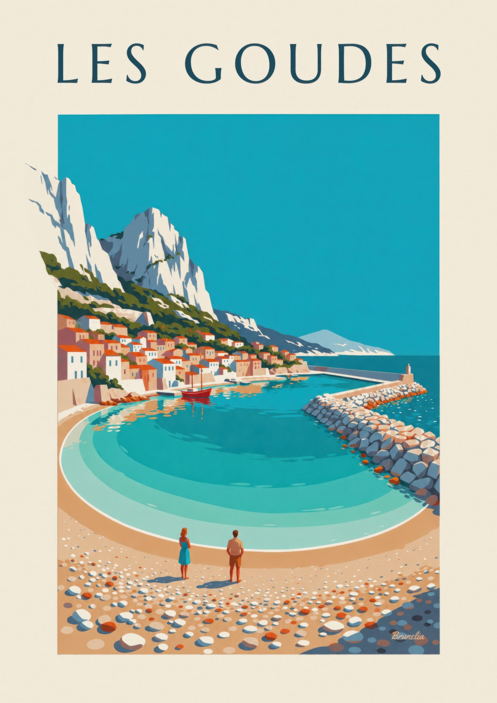 Affiche port des Goudes à Marseille, crique et digue: detail in close-up