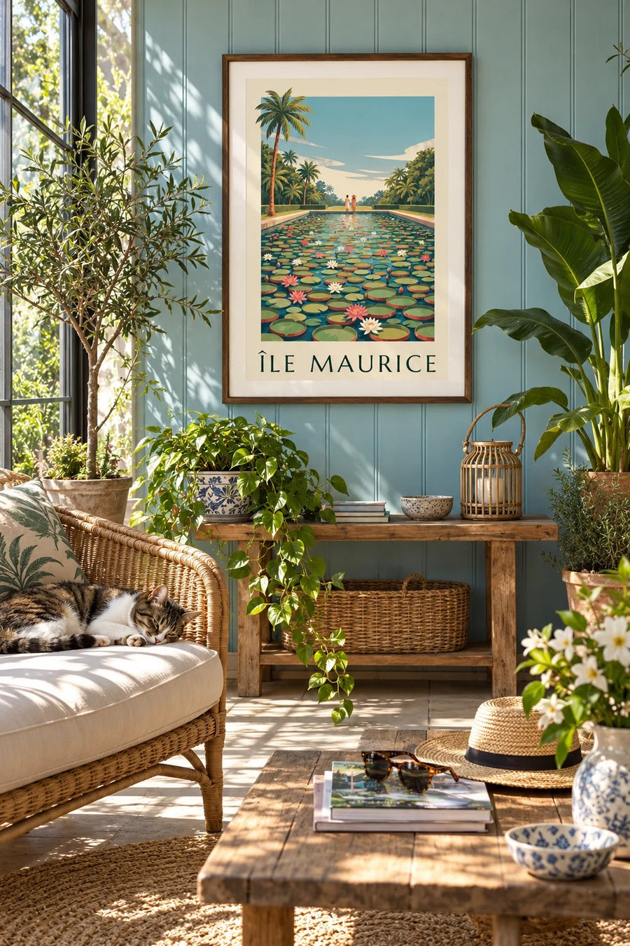 Poster Mauritius reuzenwaterlelies (titel ÎLE MAURICE) : ingelijst aan de muur