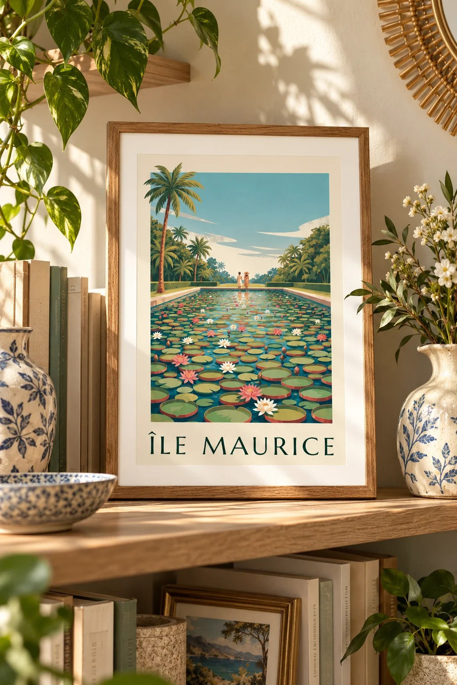 Poster Mauritius reuzenwaterlelies (titel ÎLE MAURICE) : klein A4-formaat, ingelijst