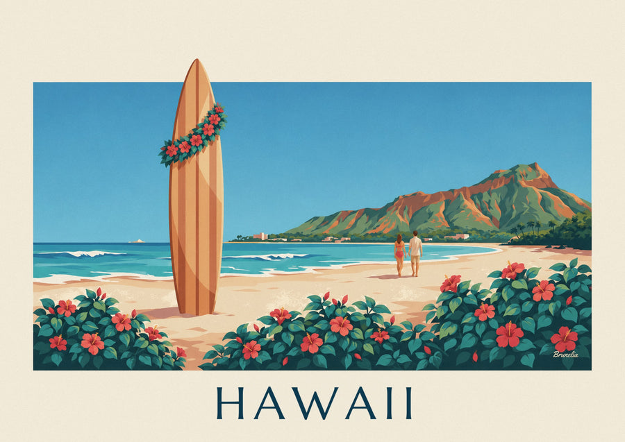 Poster surfplank en hibiscus voor Diamond Head, Hawaï