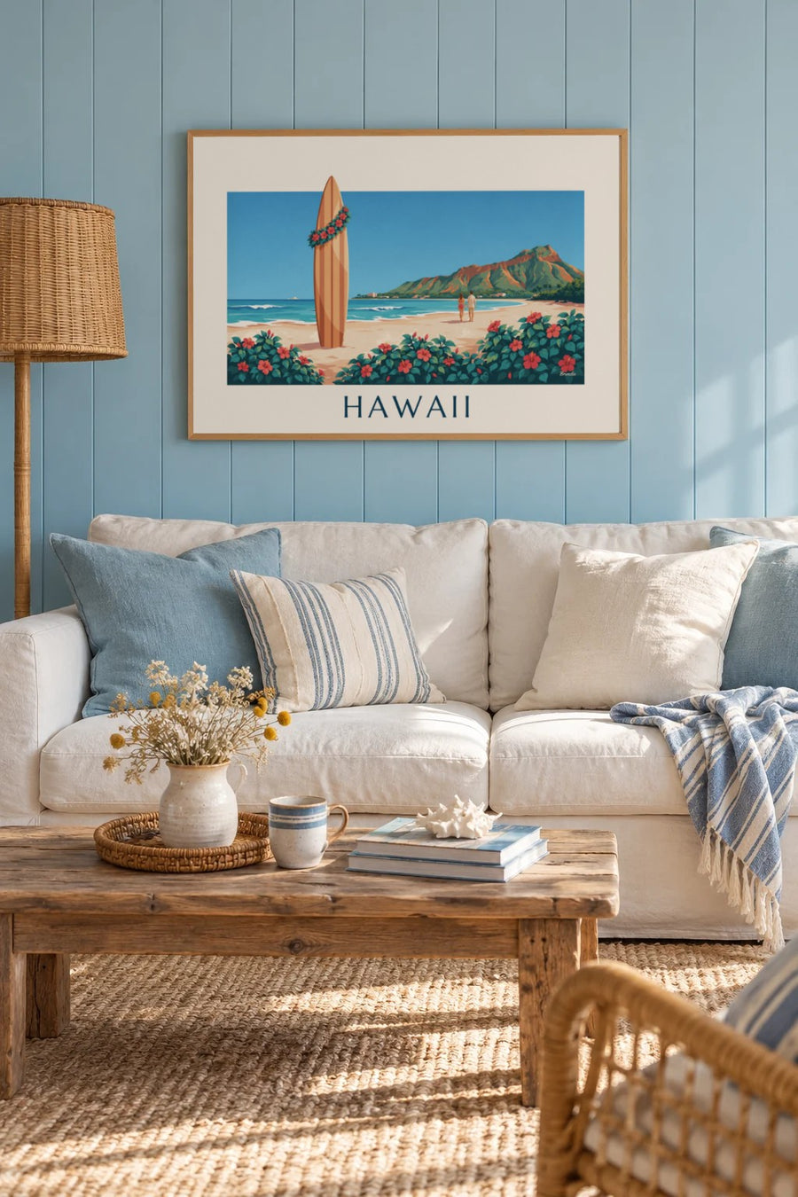 Poster surfplank en hibiscus voor Diamond Head, Hawaï: ingelijst aan de muur