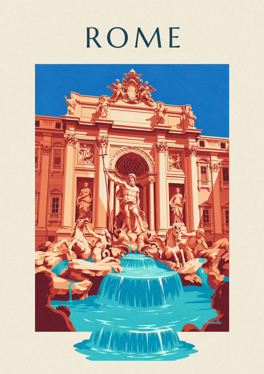 Poster Trevifontein en standbeeld van Neptunus in Rome