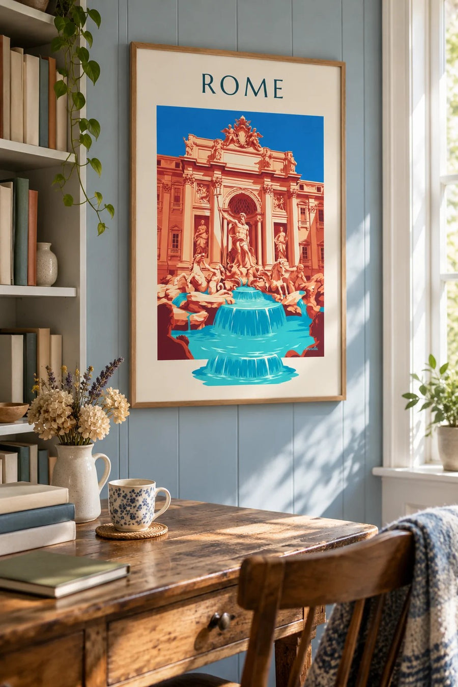 Poster Trevifontein en standbeeld van Neptunus in Rome: ingelijst aan de muur