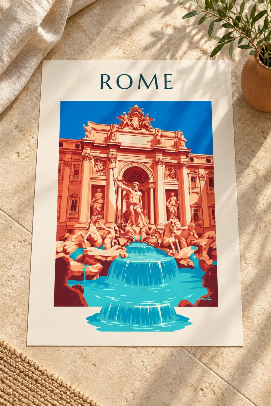Poster Trevifontein en standbeeld van Neptunus in Rome: op een tafel