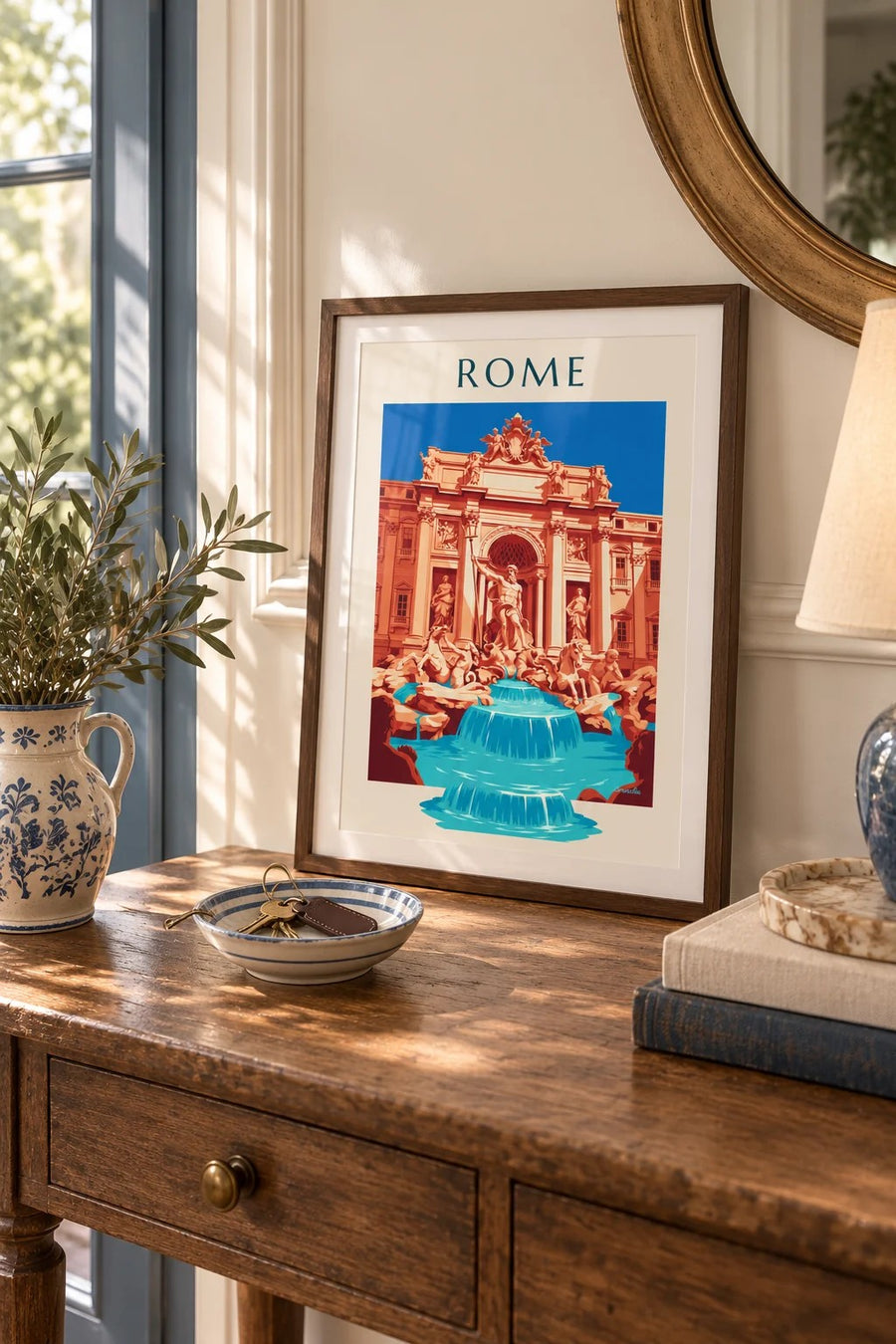 Poster Trevifontein en standbeeld van Neptunus in Rome: klein formaat A4 ingelijst