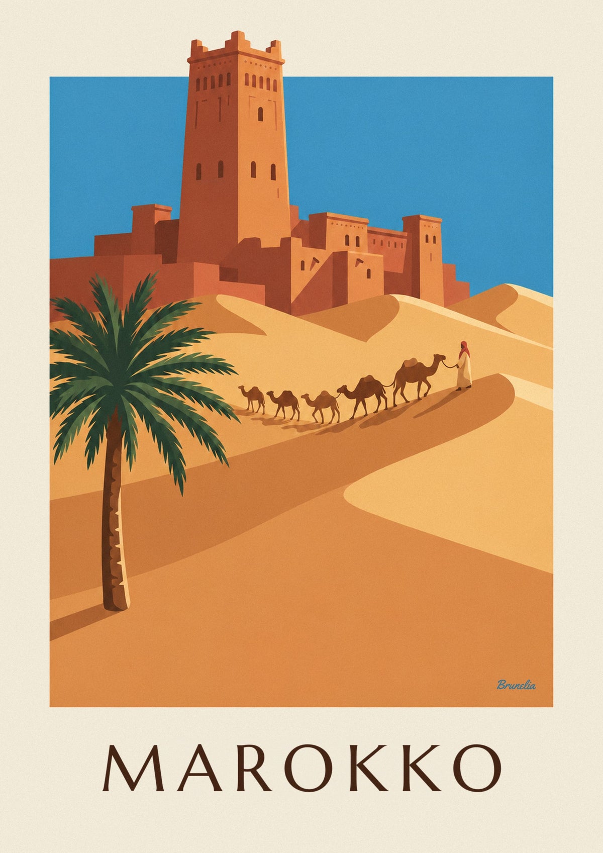 Poster kasbah en karavaan van kamelen in de Marokkaanse woestijn