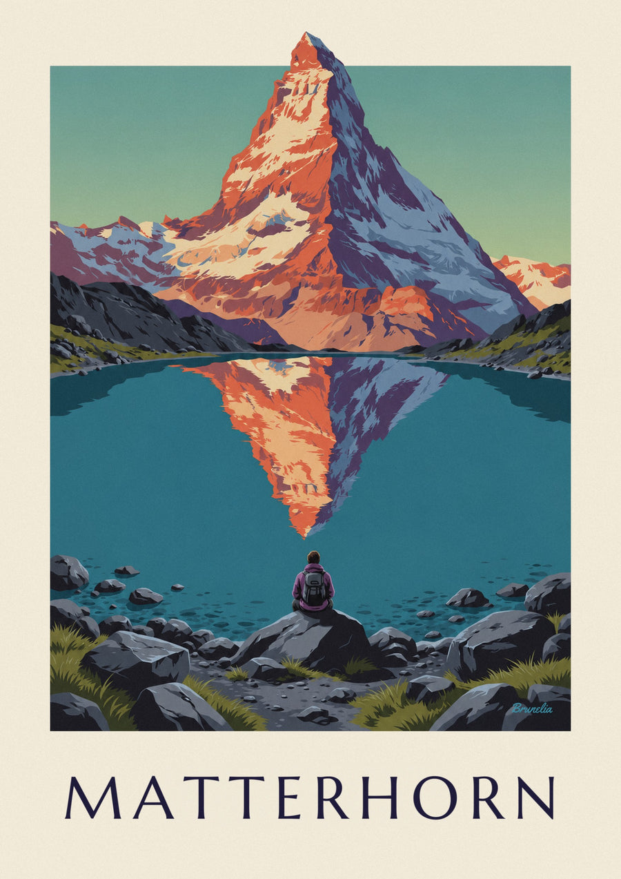 Poster Matterhorn bij zonsondergang weerspiegeld in een bergmeer