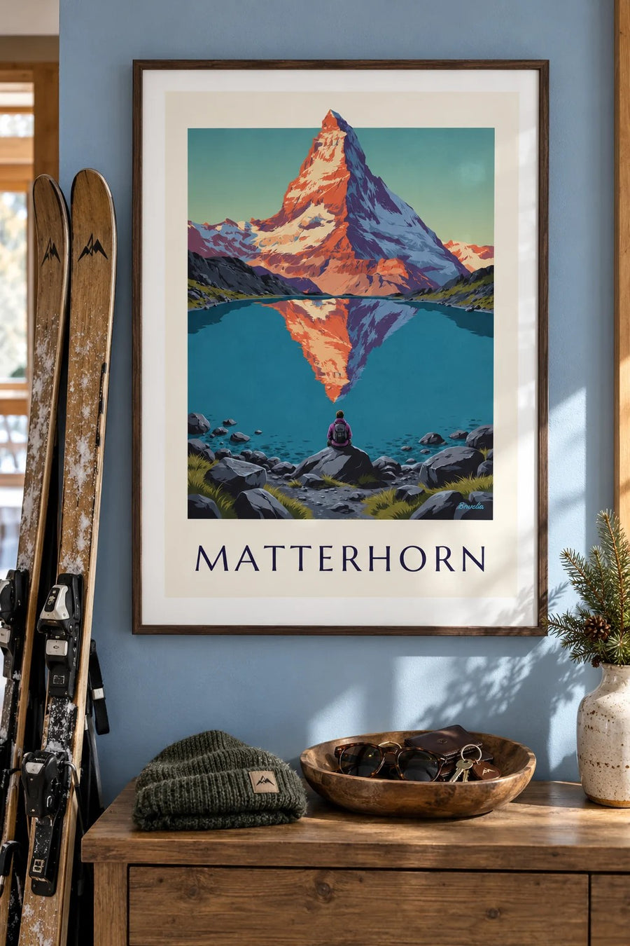 Poster Matterhorn bij zonsondergang weerspiegeld in een bergmeer: ingelijst aan de muur