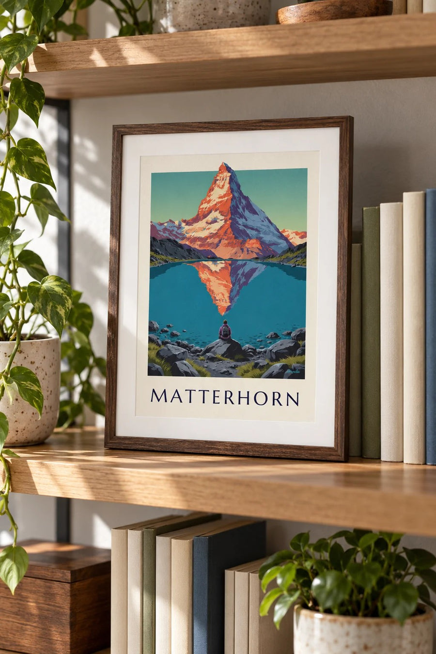 Poster Matterhorn bij zonsondergang weerspiegeld in een bergmeer: klein formaat A4 in lijst