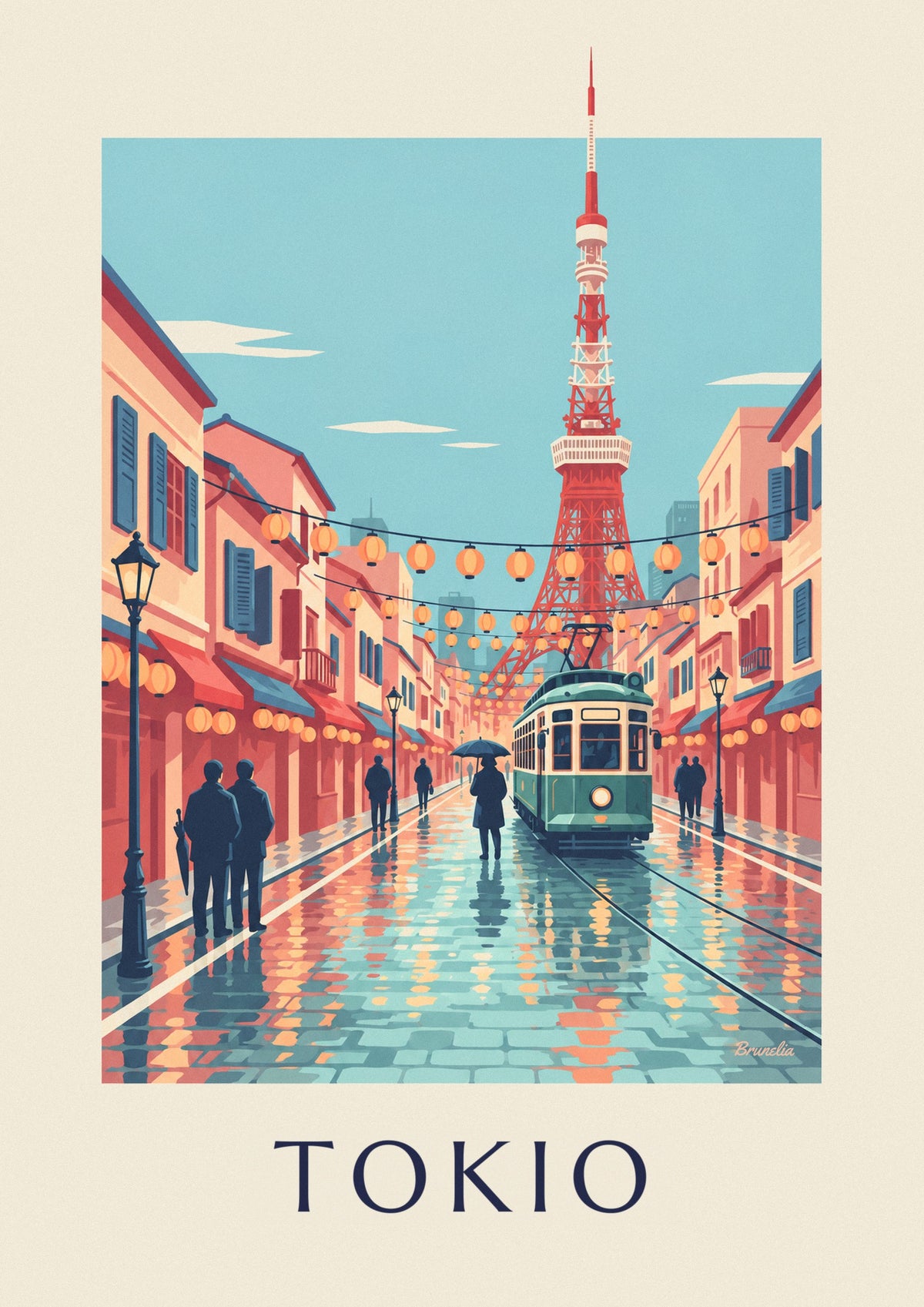 Poster oude tram van Tokio en Tokyo Tower bij schemering